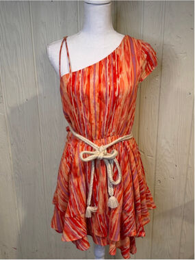 Women's Free People Orange Red Striped One Shoulder Dress S